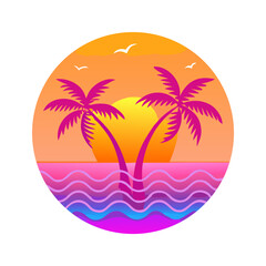 Tropical Sunset T-Shirt Design – Bold Palm Trees, Vibrant Ocean Waves, Colorful Flowers, Beach Summer Vibes Graphic Tee on White Background