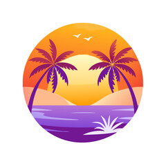 Tropical Sunset T-Shirt Design – Bold Palm Trees, Vibrant Ocean Waves, Colorful Flowers, Beach Summer Vibes Graphic Tee on White Background