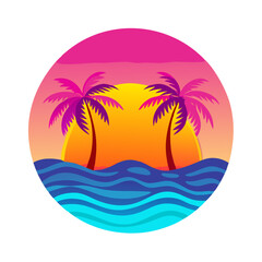 Tropical Sunset T-Shirt Design – Bold Palm Trees, Vibrant Ocean Waves, Colorful Flowers, Beach Summer Vibes Graphic Tee on White Background
