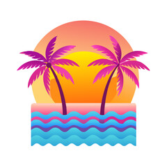 Tropical Sunset T-Shirt Design – Bold Palm Trees, Vibrant Ocean Waves, Colorful Flowers, Beach Summer Vibes Graphic Tee on White Background