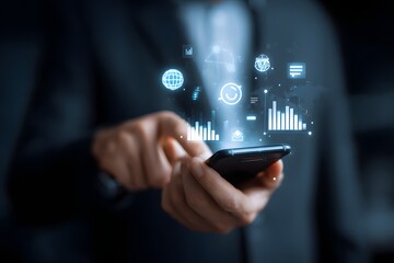 Businessman Using Smartphone with Data Visualization.