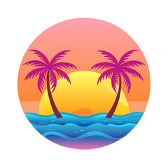 Tropical Sunset T-Shirt Design – Bold Palm Trees, Vibrant Ocean Waves, Colorful Flowers, Beach Summer Vibes Graphic Tee on White Background