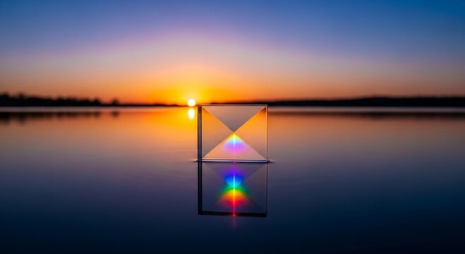 A glass prism floats on calm water, casting rainbow reflections as the sun sets over a tranquil, gradient-lit horizon.