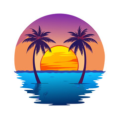 Tropical Sunset T-Shirt Design – Bold Palm Trees, Vibrant Ocean Waves, Colorful Flowers, Beach Summer Vibes Graphic Tee on White Background