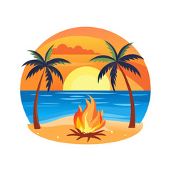 Tropical Sunset T-Shirt Design – Bold Palm Trees, Vibrant Ocean Waves, Colorful Flowers, Beach Summer Vibes Graphic Tee on White Background