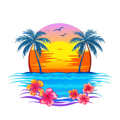 Obraz premium Tropical Sunset T-Shirt Design – Bold Palm Trees, Vibrant Ocean Waves, Colorful Flowers, Beach Summer Vibes Graphic Tee on White Background