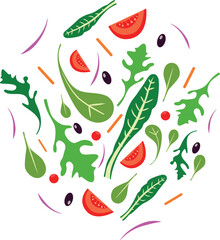 Vector illustration of a fresh mixed salad with colorful vegetables. Healthy and vibrant design, perfect for food blogs, menus, nutrition articles, and healthy lifestyle projects.