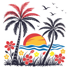 Tropical Sunset T-Shirt Design – Bold Palm Trees, Vibrant Ocean Waves, Colorful Flowers, Beach Summer Vibes Graphic Tee on White Background