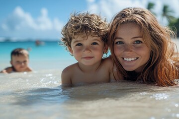 Kids with mother on the beach, enjoying quality time together while playing, exploring, and soaking up the sun and sand, Generative AI