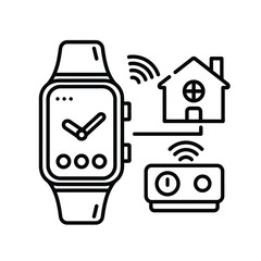 Smartwatch Interface Home Automation System Control Panel Wireless Network Connection Digital Clock Display Home Smart Device Technology Line Art Illustration