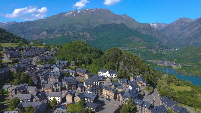 Aerial view of the Tena Valley, Pyrenees, Huesca, Aragon, Spain	
