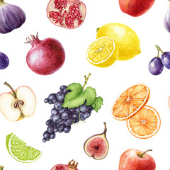 Fresh fruit seamless pattern. Bright juicy fruits watercolor illustration on white background. Hand drawn apple, orange, lime, lemon, grapes, fig seamless pattern design vintage style illustration