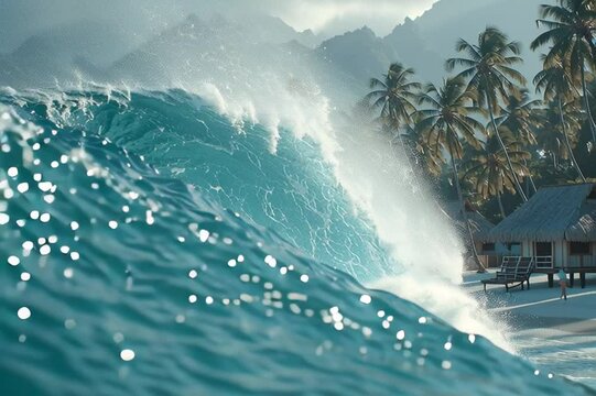 A tsunami ocean wave coming ashore on a tropical beach with palm trees and native huts.