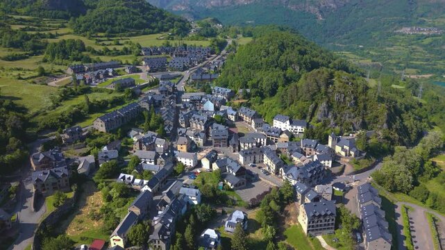 Aerial view of the Tena Valley, Pyrenees, Huesca, Aragon, Spain	