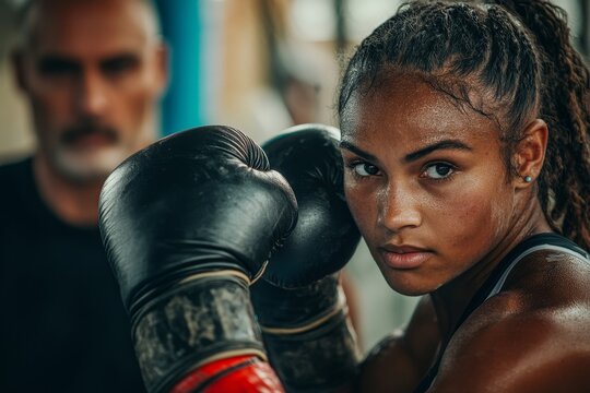 Trainer helping a female boxer with reverse punches, providing support and guidance as she sharpens her skills during a training session, Generative AI - Powered by Adobe
