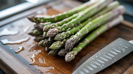 Fresh green asparagus on wooden cutting board with knife and water droplets