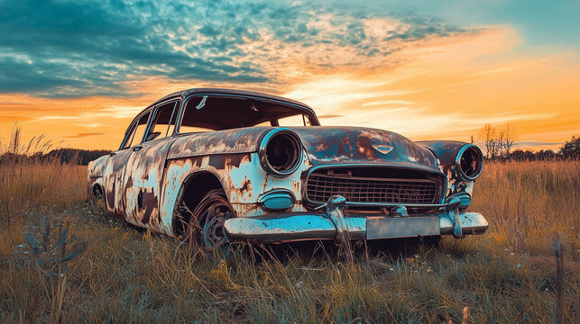 Fototapeta Abandoned Rusty Vintage Car in a Field at Sunset - 노을 지는 들판에 버려진 녹슨 빈티지 자동차