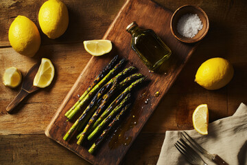 Grilled Asparagus with Lemon and Oil. Grilled asparagus with lemon, olive oil, and salt, on a wooden board, rustic and appetizing.