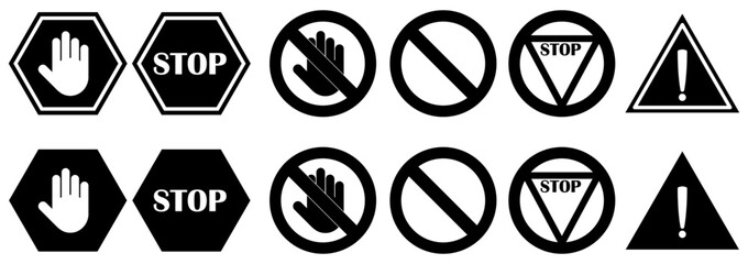 Set of black warning and stop signs including hand, exclamation mark and no entry symbols. Ideal for road safety, caution, and traffic related design or illustration. stop, ban, icons, vector, symbols