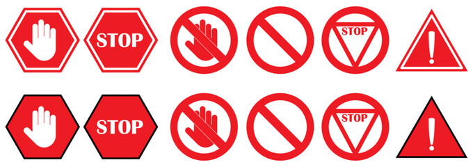 Set of red warning and stop signs including hand, exclamation mark and no entry symbols. Ideal for road safety, caution, and traffic related design or illustration. stop, ban, icons, vector and symbol
