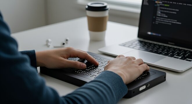 Person Coding with Braille Keyboard and Laptop, Coffee Cup, and Earbuds