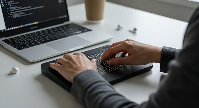 Person Using Braille Keyboard at a Desk