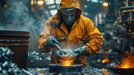 An industrial scene capturing a craftsman in safety gear, steadily pouring molten metal into a mold, showcasing the intricate and dangerous art of metalworking.