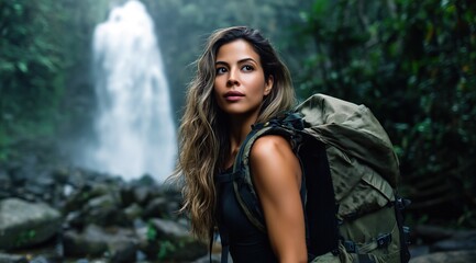 Une belle femme en tenue de randonnée avec sac à dos se tenant devant une cascade avec en arrière-plan une jungle dense et une atmosphère brumeuse.