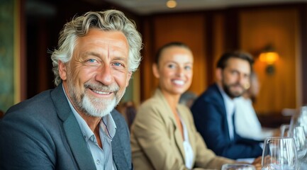 Des hommes d'affaires et femmes d'affaires souriants, assis à une table dans une salle de conférence ou une réunion de travail