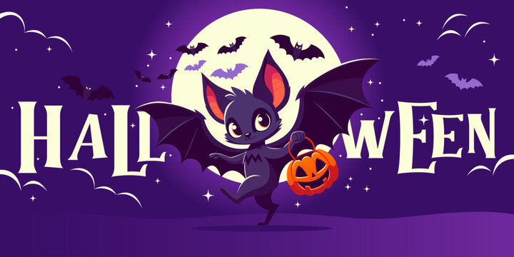 Happy Halloween party greeting card with cute ghost. Spooky banner template. Halloween Promotion Poster. Halloween night seen. Halloween poster with bat. Halloween bat character design illustration