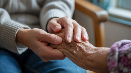Elderly care: young asian female comforts elderly caucasian with gentle handholding