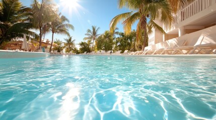 A vibrant swimming pool surrounded by lush palm trees, inviting sunlight reflecting on its surface, creating a tranquil and relaxing atmosphere ideal for holiday relaxation.