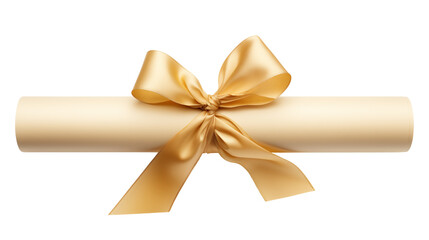 Diploma scroll tied with a golden satin ribbon is on a transparent background