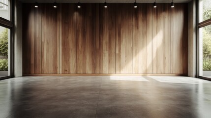 A spacious and minimalistic interior featuring a wooden wall and natural light creates an inviting atmosphere, perfect for contemporary living and lifestyle photography.