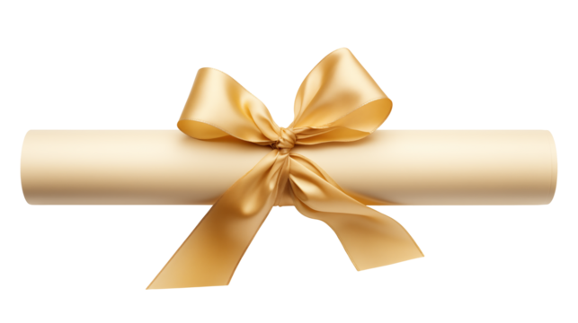 Diploma scroll tied with a golden satin ribbon is on a transparent background - Powered by Adobe