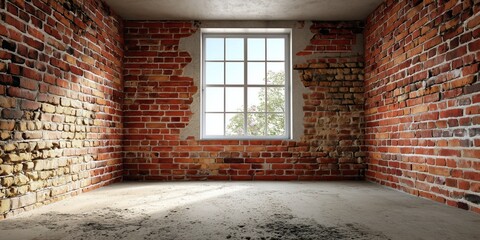 Intérieur d'une pièce vide avec fenêtre et des murs en briques rouges, concept d'aménagement ou de présentation d'un espace de vie dans une maison ancienne.
