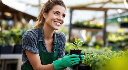 Une belle femme, souriante, heureuse, travaillant dans une jardinerie, portant des gants de travail vert et manipulant des boutures de plantes.