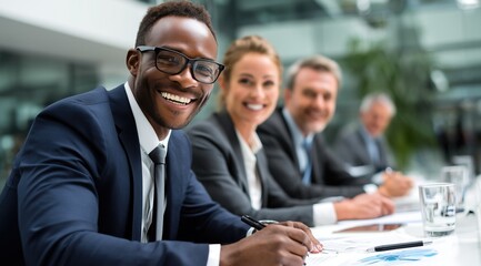 Des hommes d'affaires et femmes d'affaires souriants, assis à une table avec des papiers et des documents pour signer des contrats.