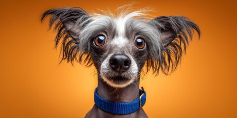 Portrait d'un adorable chien chinois à crête aux grands yeux expressifs, portant un collier bleu sur fond orange, regardant droit vers l'objectif.