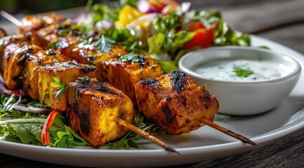 Brochettes de poulet grillé tendre et doré, plat indien, avec salade fraîche, tomates, servies dans une assiette avec sauce blanche.