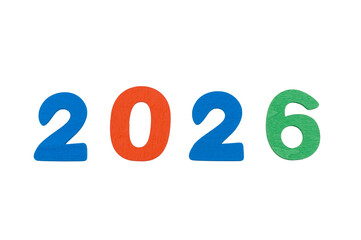 testo 2026 con sagoma di lettere realizzate in legno colorato isolate su sfondo bianco o trasparente