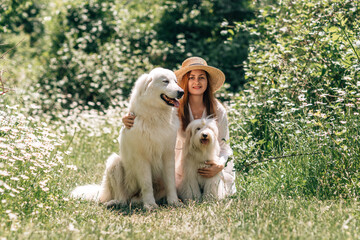 Dogs Woman Outdoors, Summer: Girl and two dogs hug in a daisy field on a sunny day for love.
