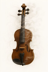 Fototapeta premium Classic Wooden Violin with Ethereal Smoke Wisps on White Background – Elegant Musical Instrument Photography Blending Warm Tones and Surreal Misty Atmosphere