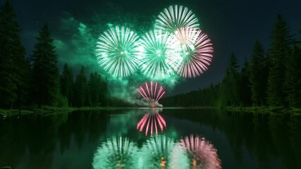Colorful fireworks at lake reflection in water 4th of july celebration night USA independence day - Powered by Adobe