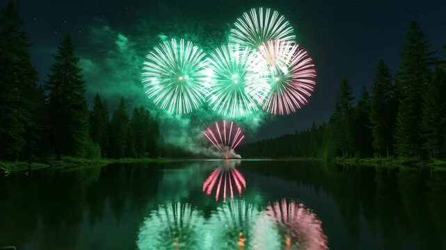 Colorful fireworks at lake reflection in water 4th of july celebration night USA independence day