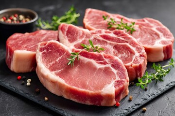 Raw pork steaks with herbs and spices on black surface