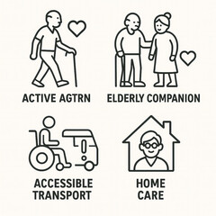 Fototapeta premium Line Art Icons for Active Aging, Elderly Companion, Accessible Transport, and Home Care, Senior Support and Accessibility Symbols