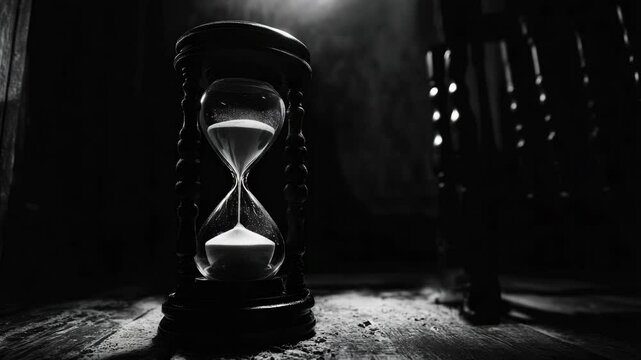 A black and white  of an hourglass placed in a dimly lit room that evokes a sense of foreboding.