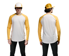 Man model with beard wearing white and yellow blank Long Sleeve Shirt for mock up and a baseball cap with space for your logo or design
