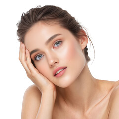 Beautiful woman with hand on face isolated on transparent background